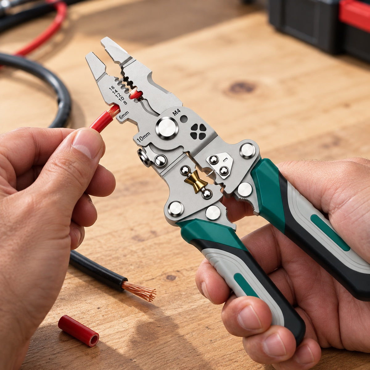 Stripping a red cable with the 12-in-1 Folding Wire Stripper