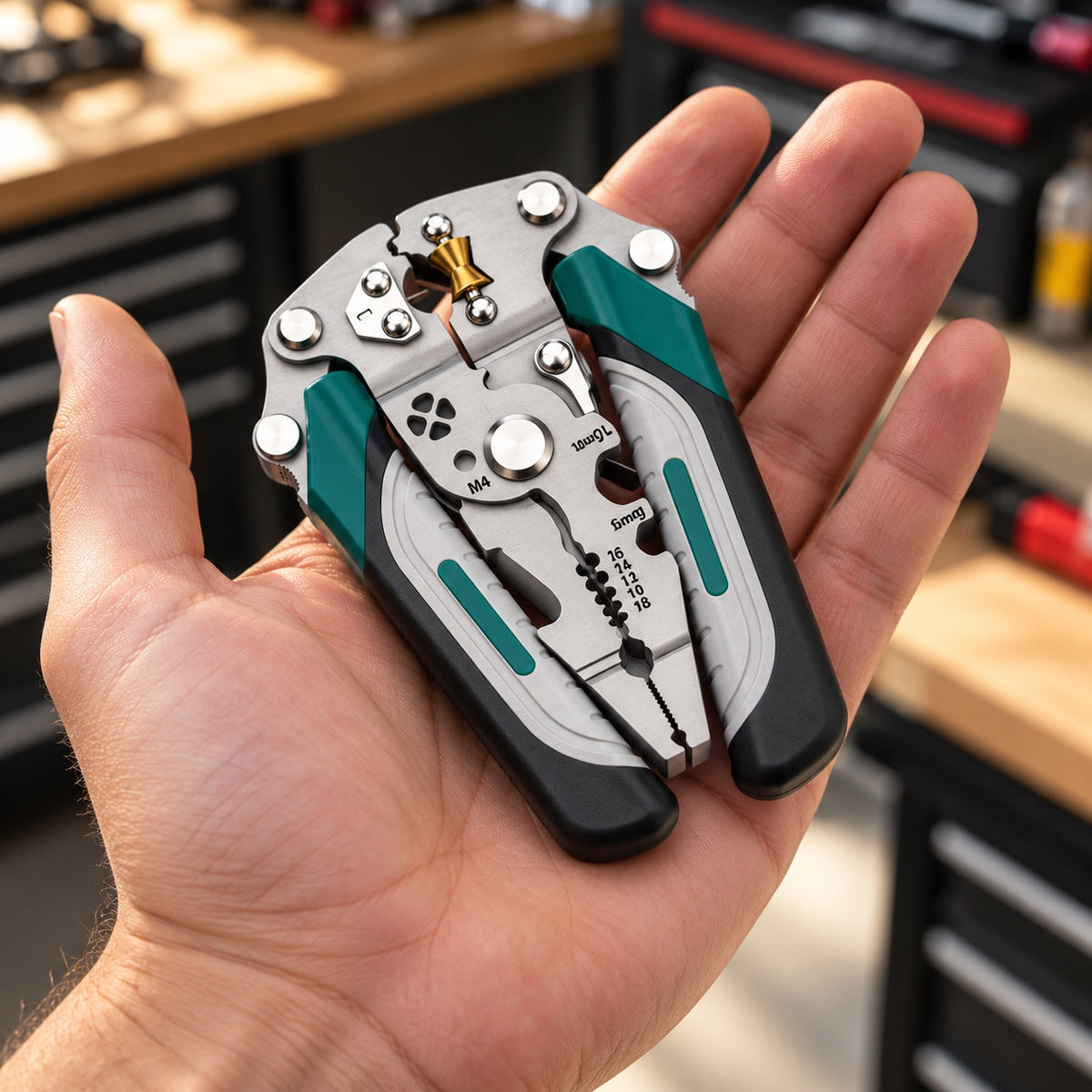 Folded wire stripper in an open hand