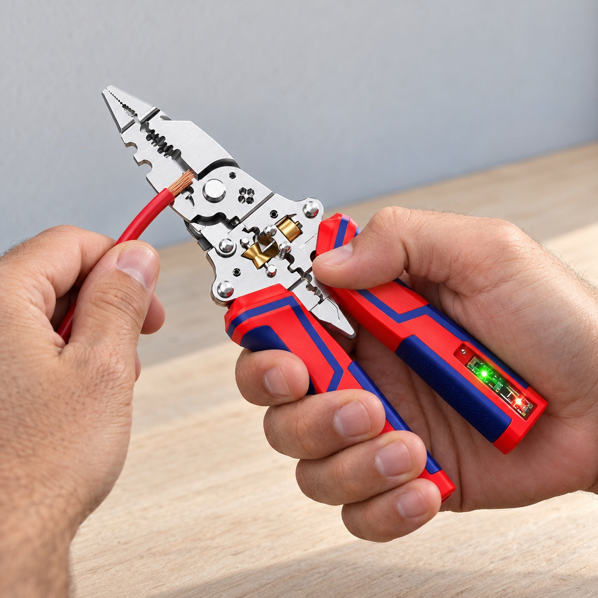 Stripping a red wire with the VoltSense, indicator light on